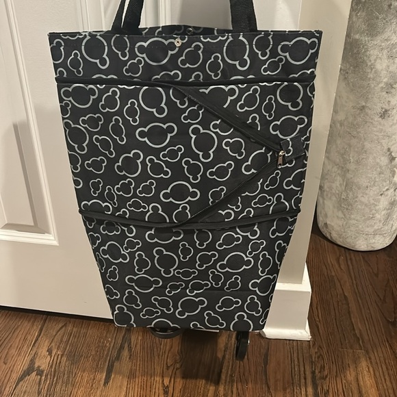 Foldable shopping bag with wheels reusable tote black and white - Picture 3 of 9